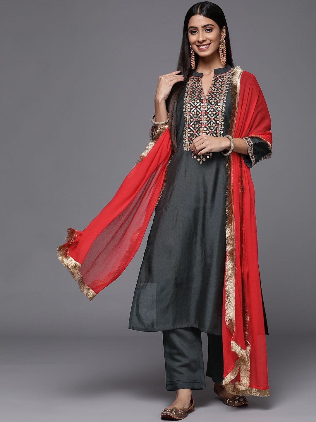 Buy Grey Suit In Embroidered Georgette Paired With Flared Sharara And Net  Dupatta Online - Kalki Fashion